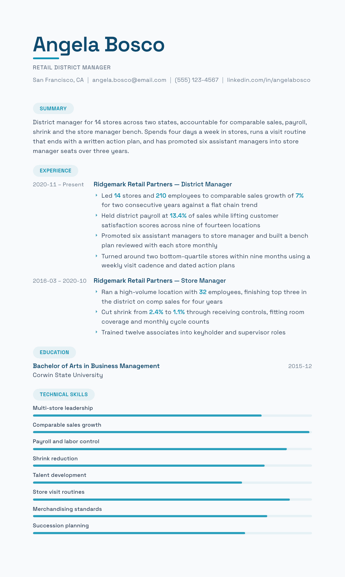 Retail District Manager resume example, Horizon template