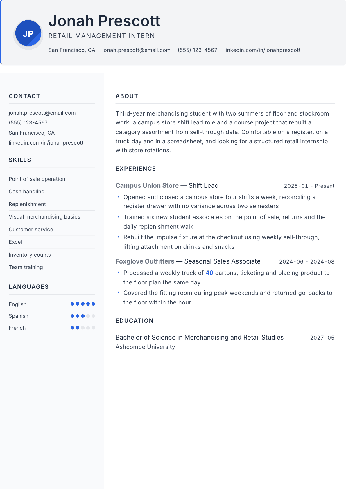 Retail Intern resume example, Paper template