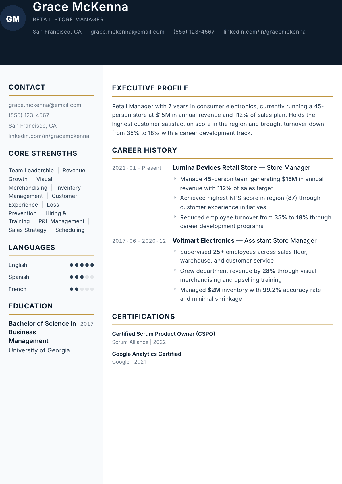 Retail Manager resume example, Consulate template