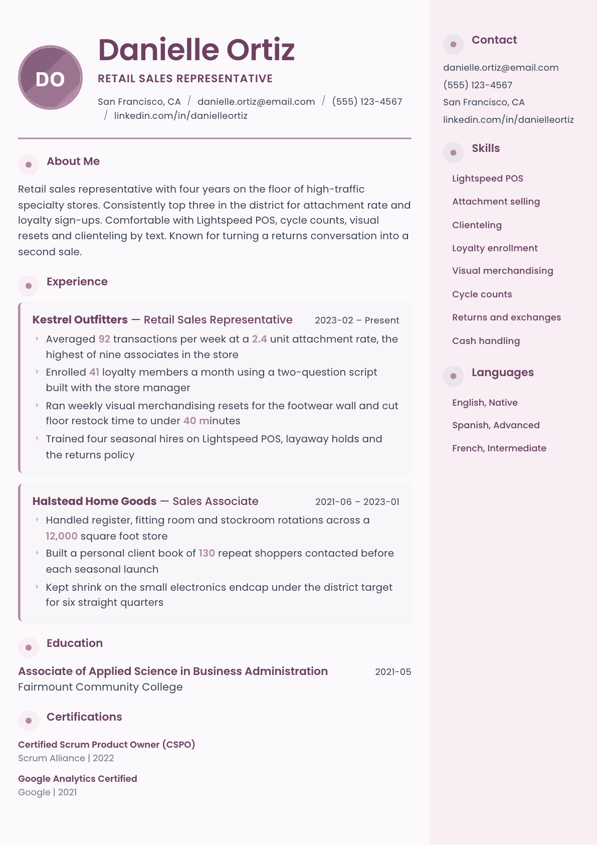 Retail Sales Representative resume example, Bloom template