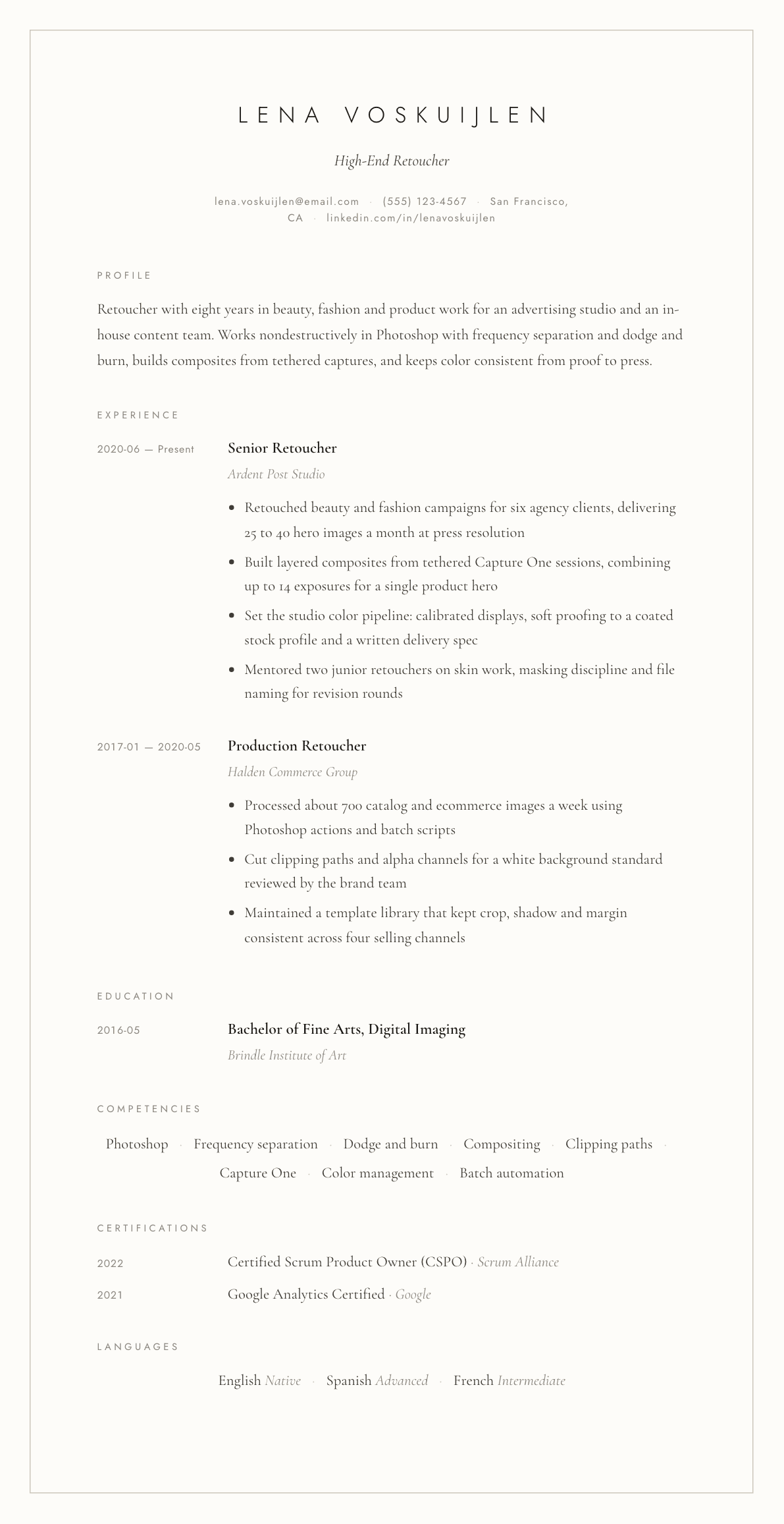Retoucher resume example, Vellum template