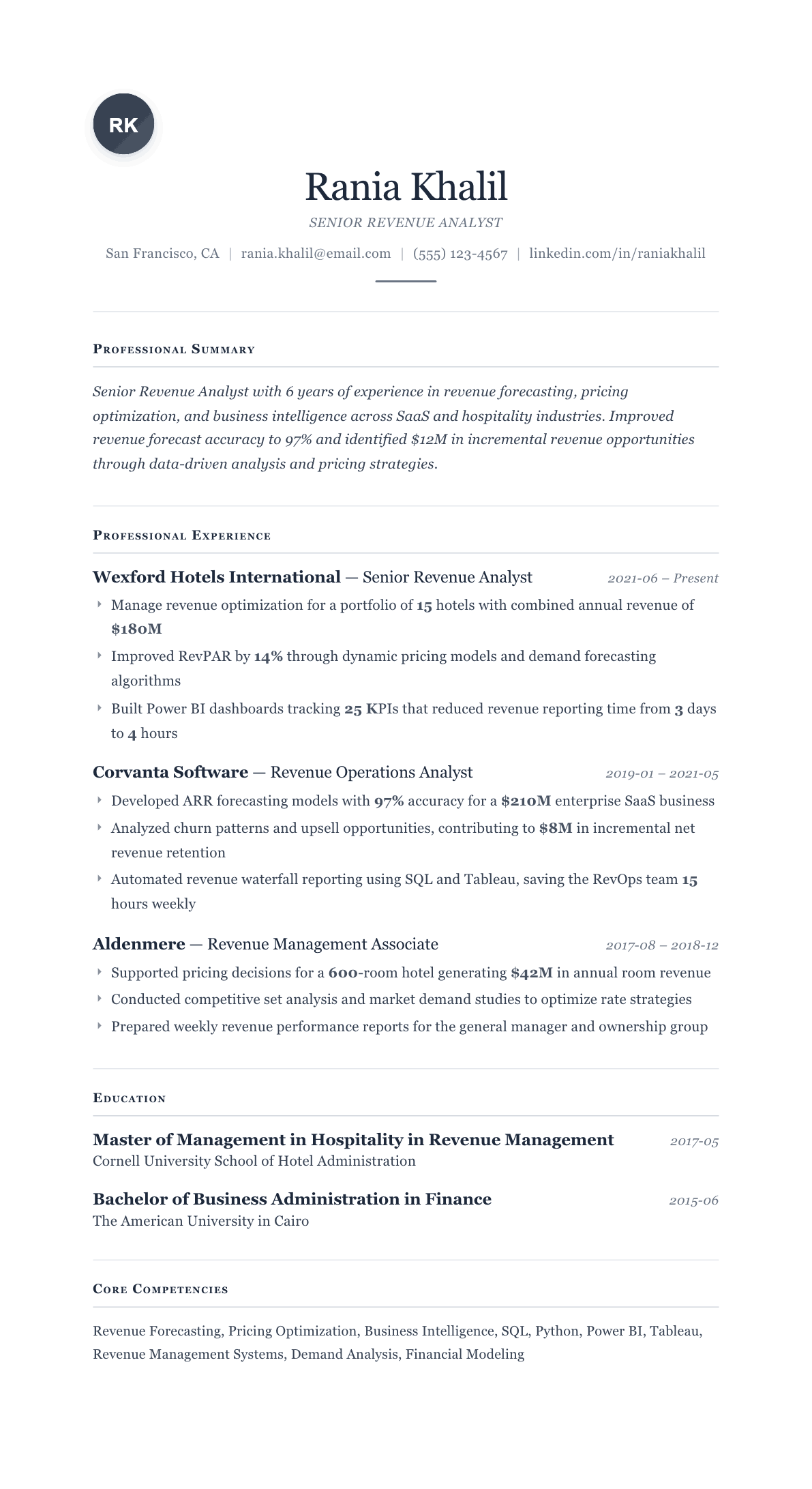 Revenue Analyst resume example, Cornerstone template