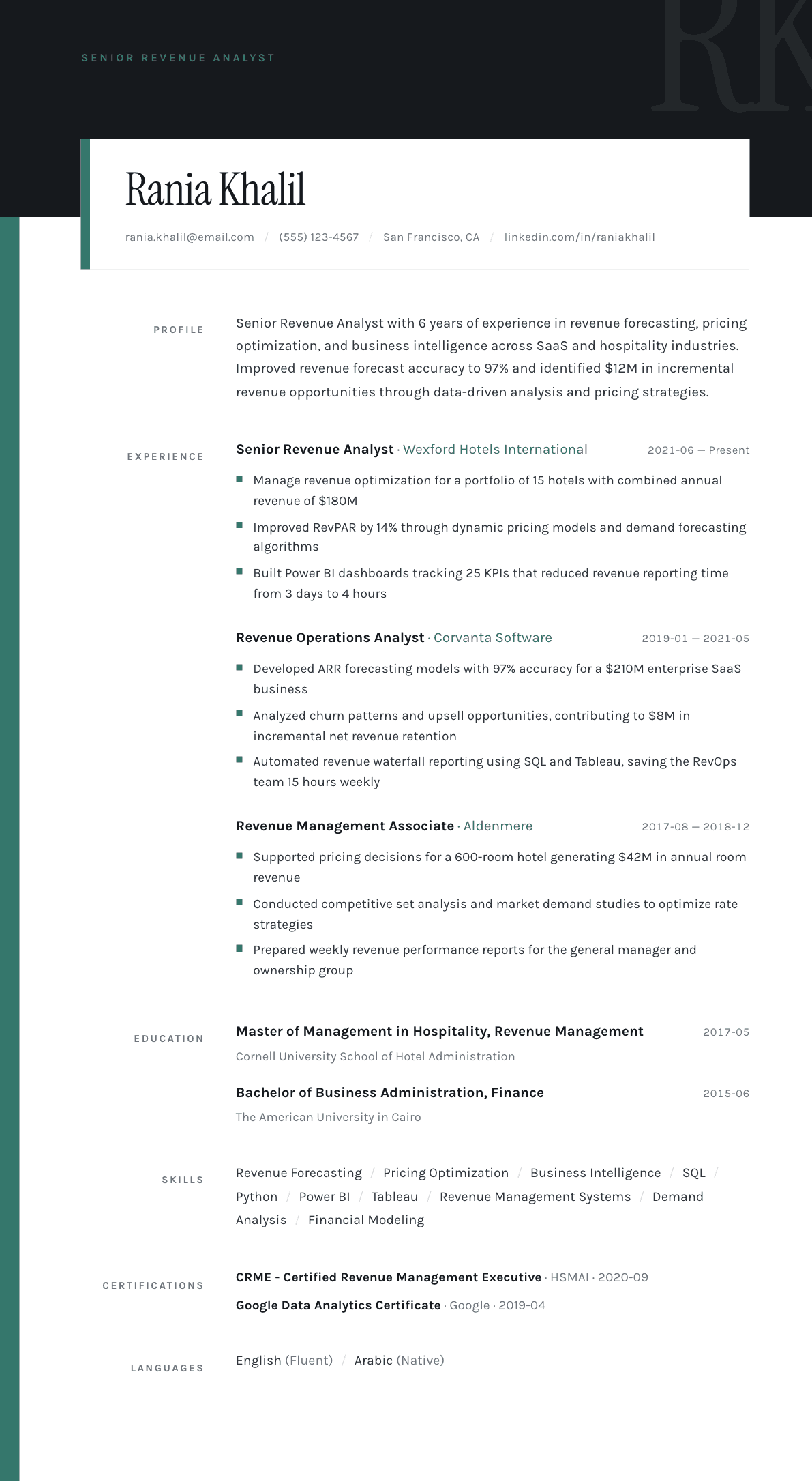 Revenue Analyst resume example, Quarto template
