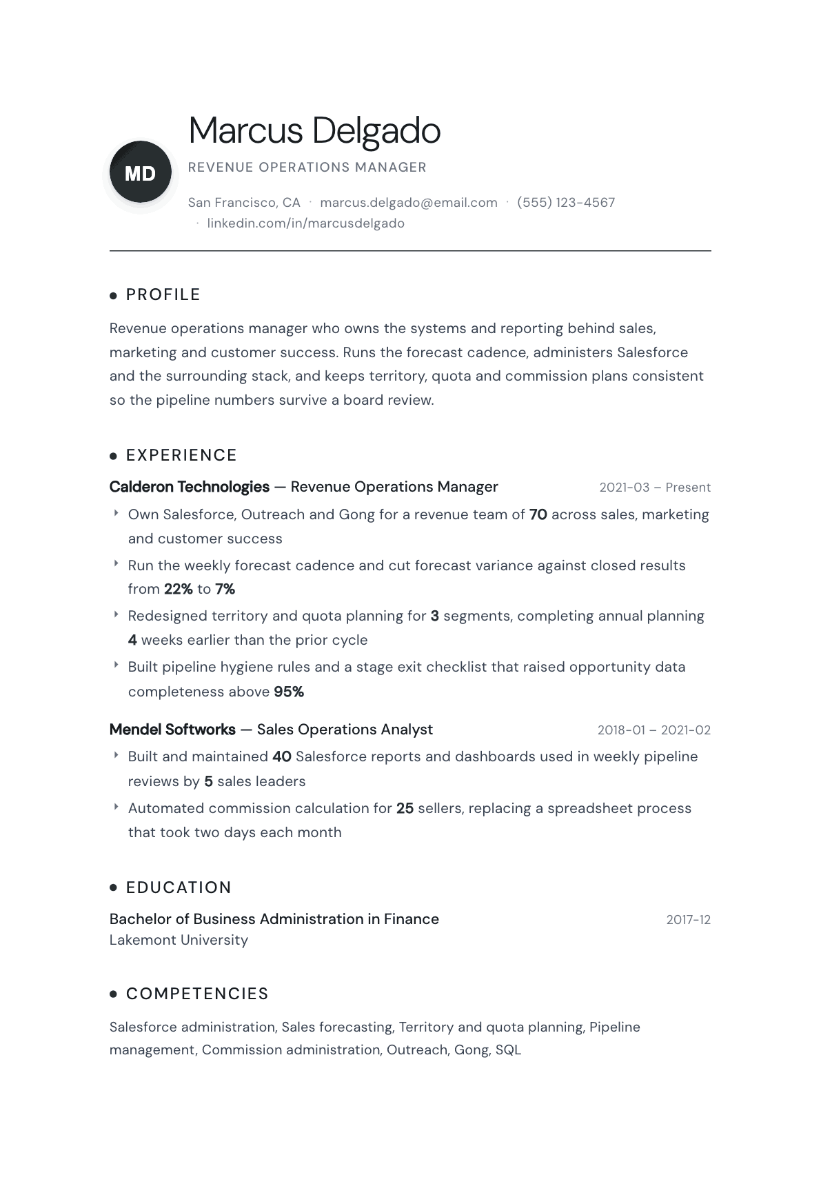 Revenue Operations Manager resume example, Pinnacle template
