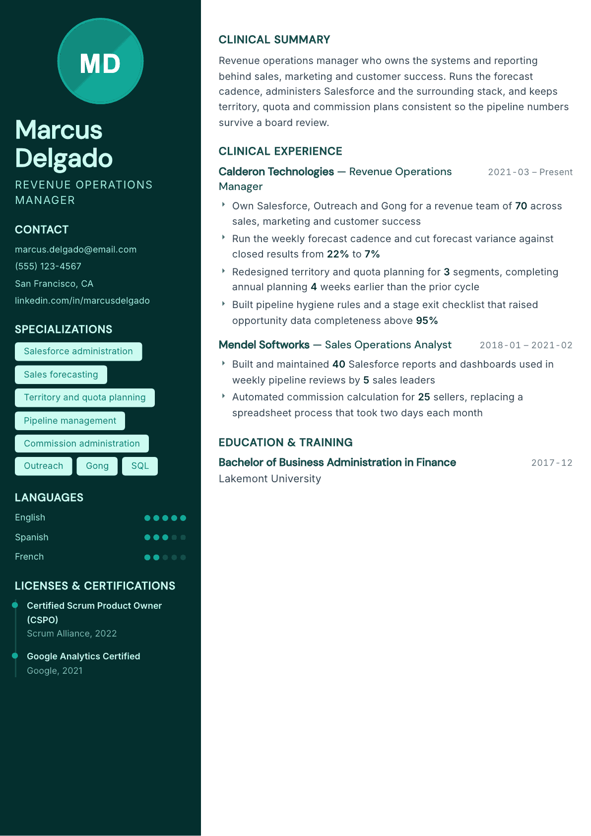 Revenue Operations Manager resume example, Vitalis template