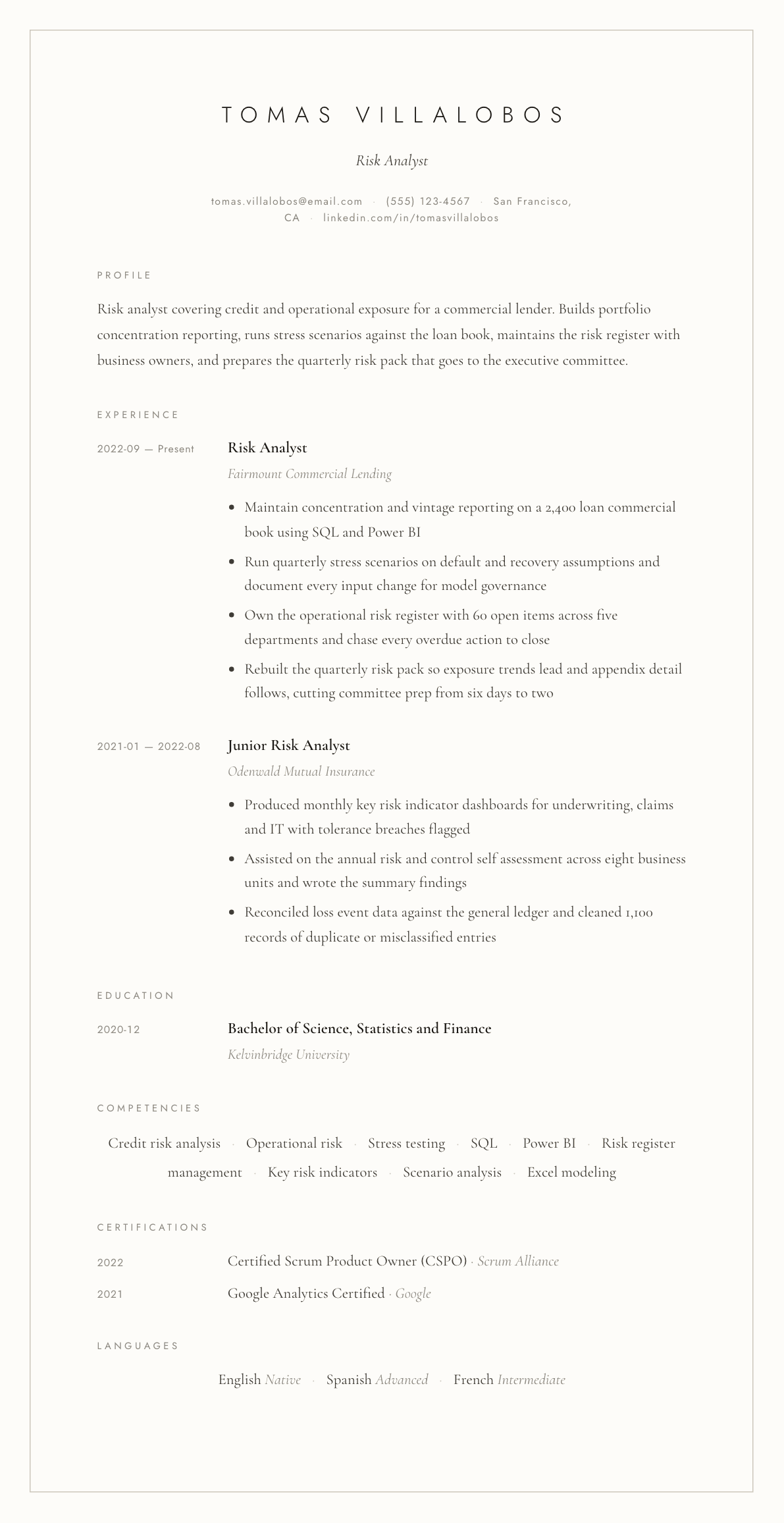 Risk Analyst resume example, Vellum template