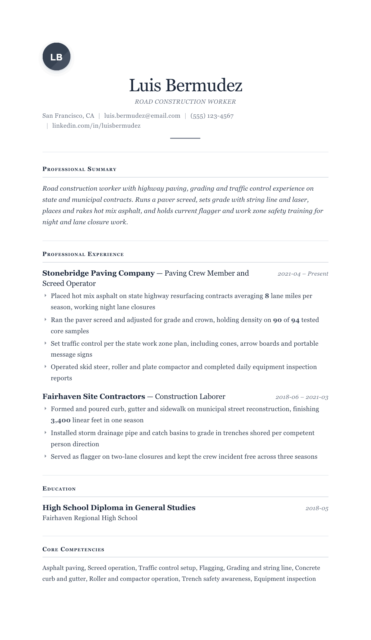Road Construction Worker resume example, Cornerstone template