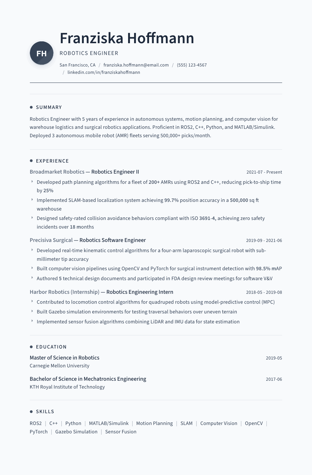 Robotics Engineer resume example, Thread template