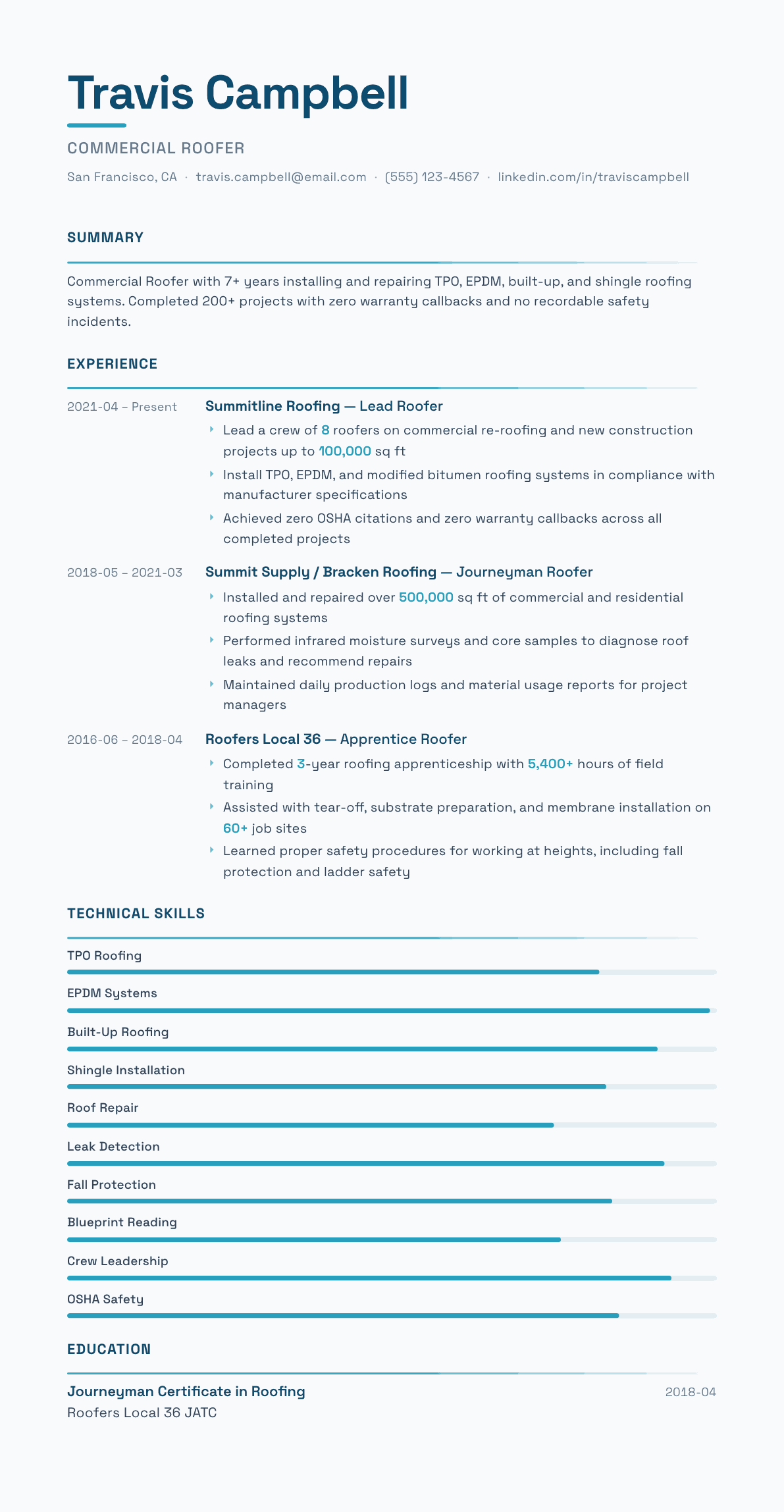 Roofer resume example, Velocity template