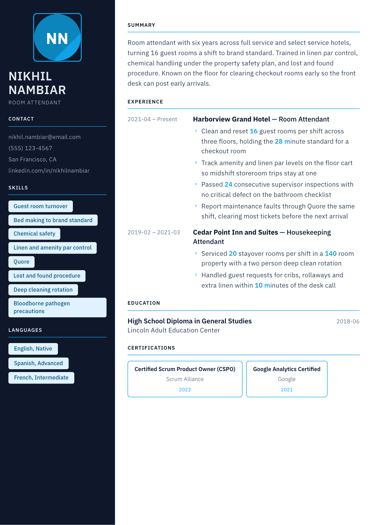 Room Attendant resume example, Everest template