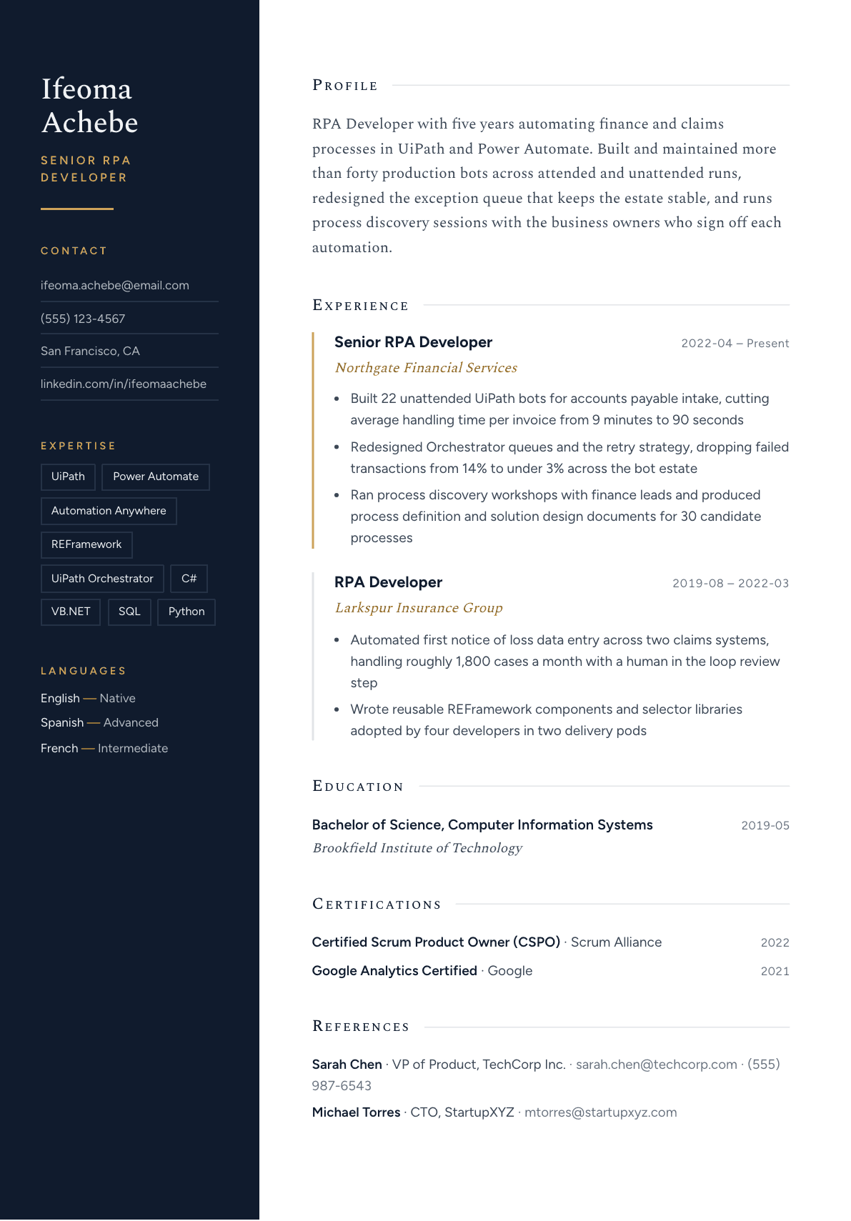 RPA Developer resume example, Nocturne template