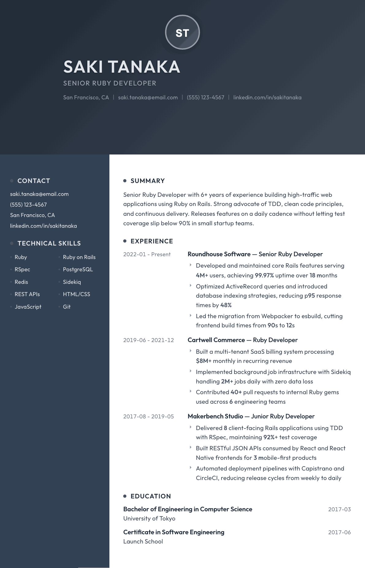 Ruby Developer resume example, Binary template