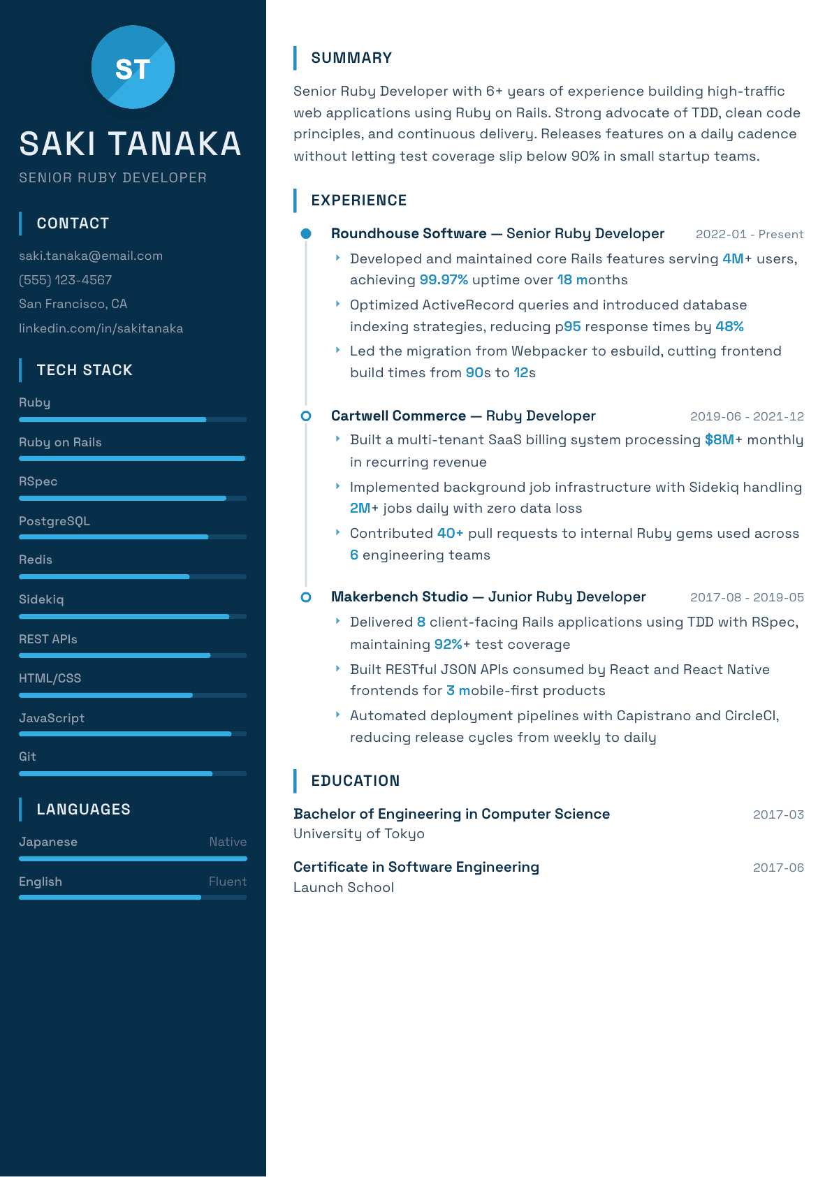 Ruby Developer resume example, Circuit template