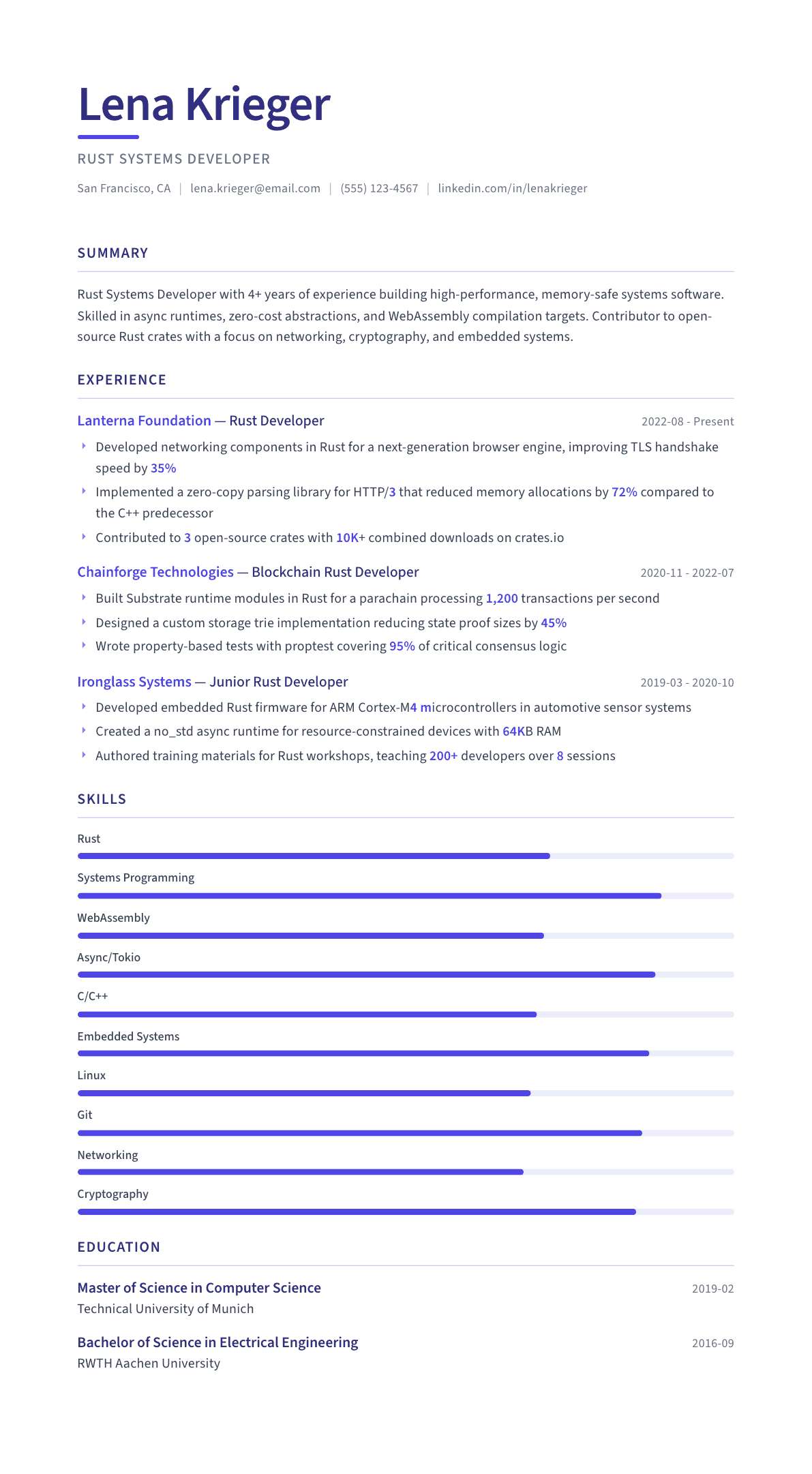 Rust Developer resume example, Logic template