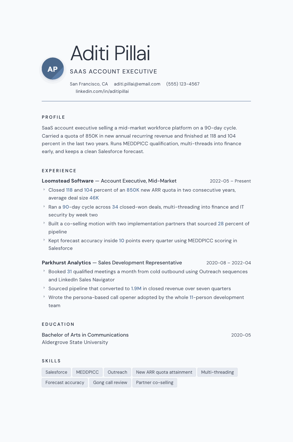 SaaS Account Executive resume example, Nordic template