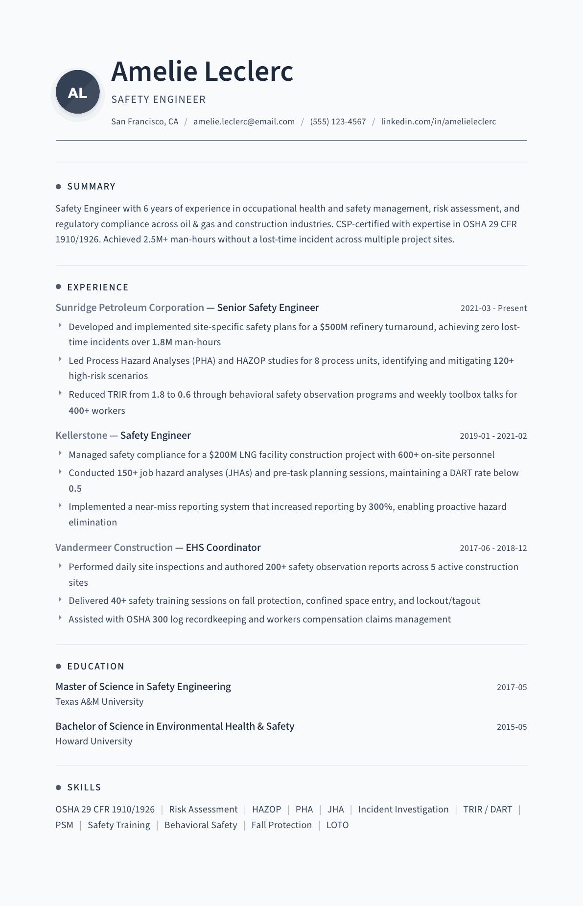 Safety Engineer resume example, Thread template