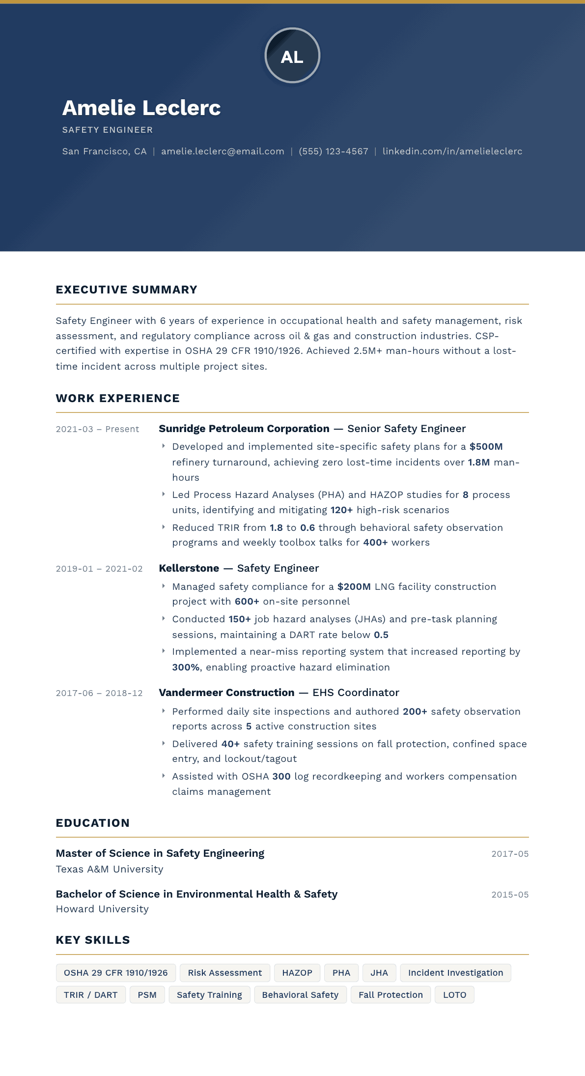 Safety Engineer resume example, Sovereign template