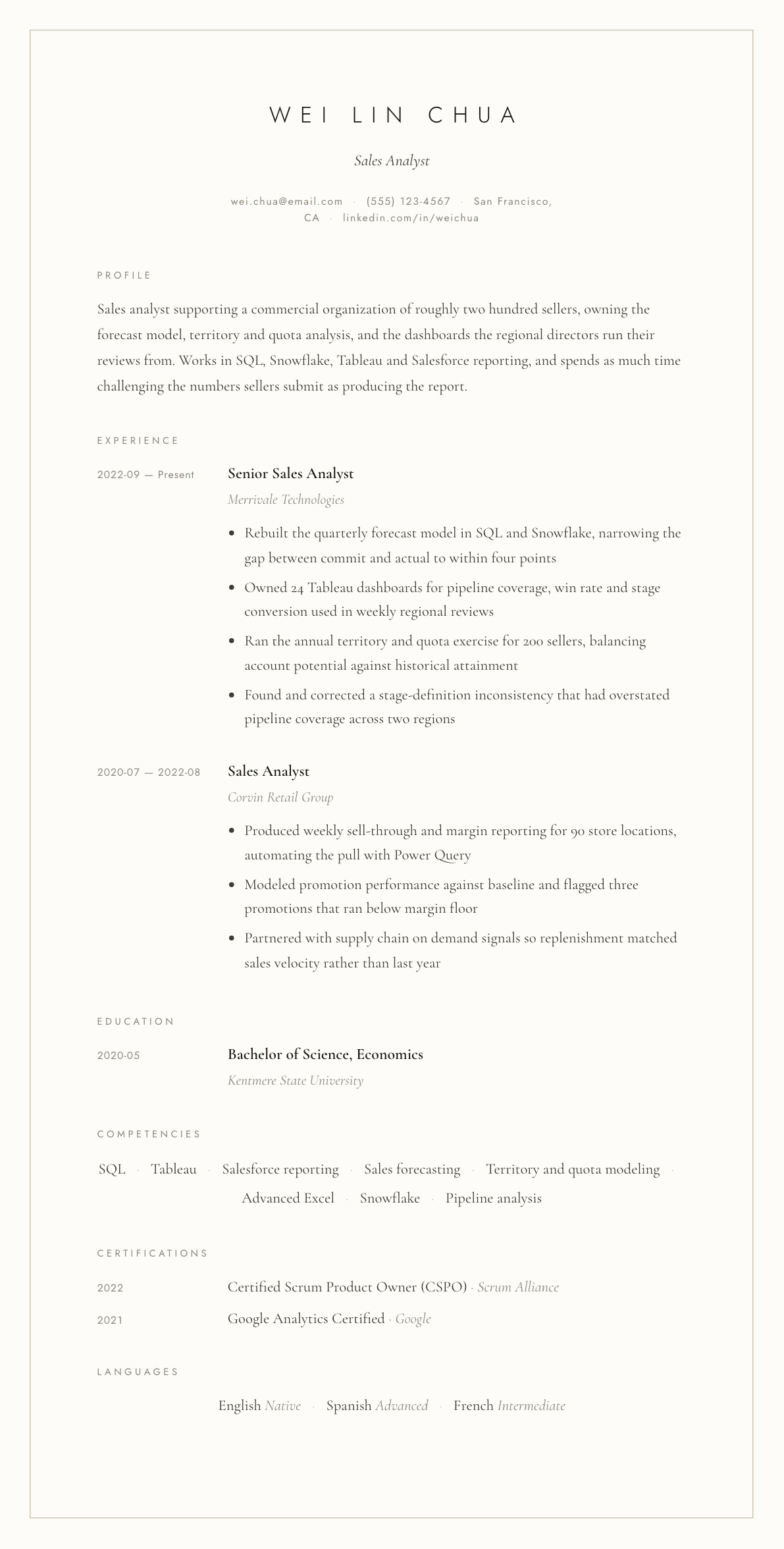 Sales Analyst resume example, Vellum template