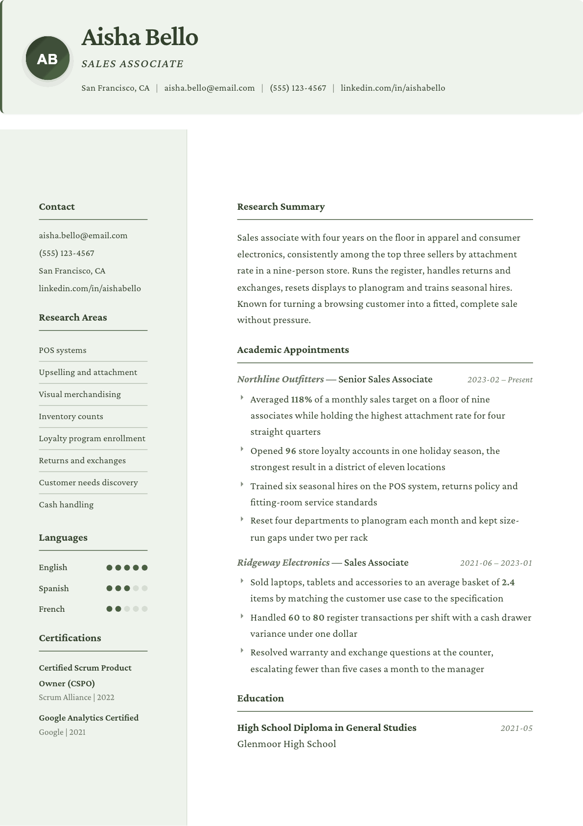 Sales Associate resume example, Research template