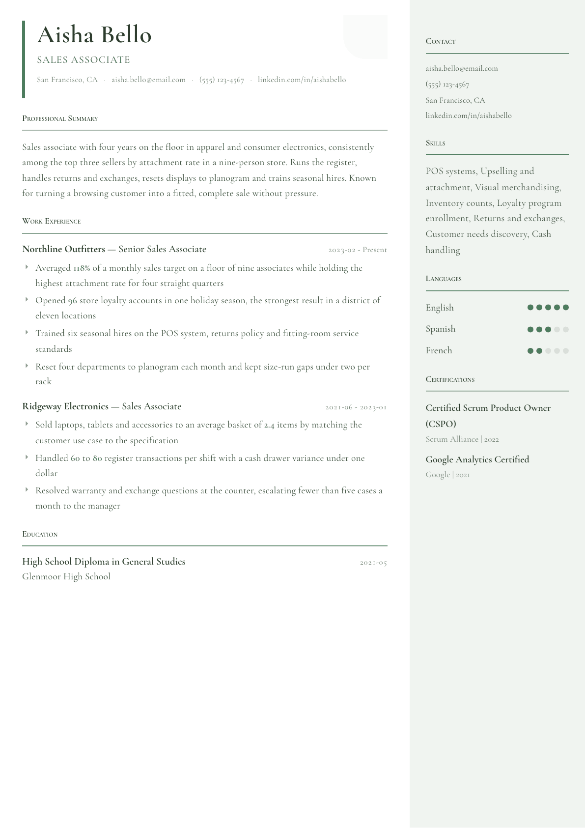 Sales Associate resume example, Copenhagen template