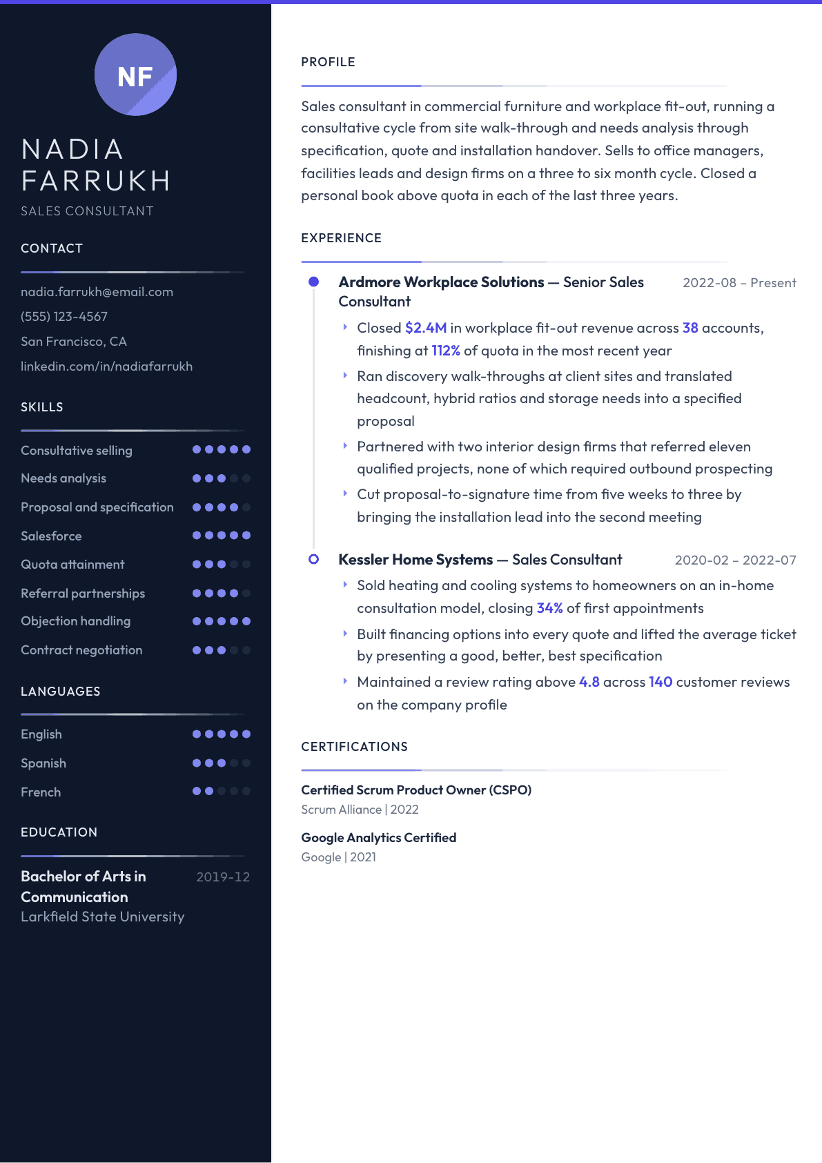 Sales Consultant resume example, Zenith template