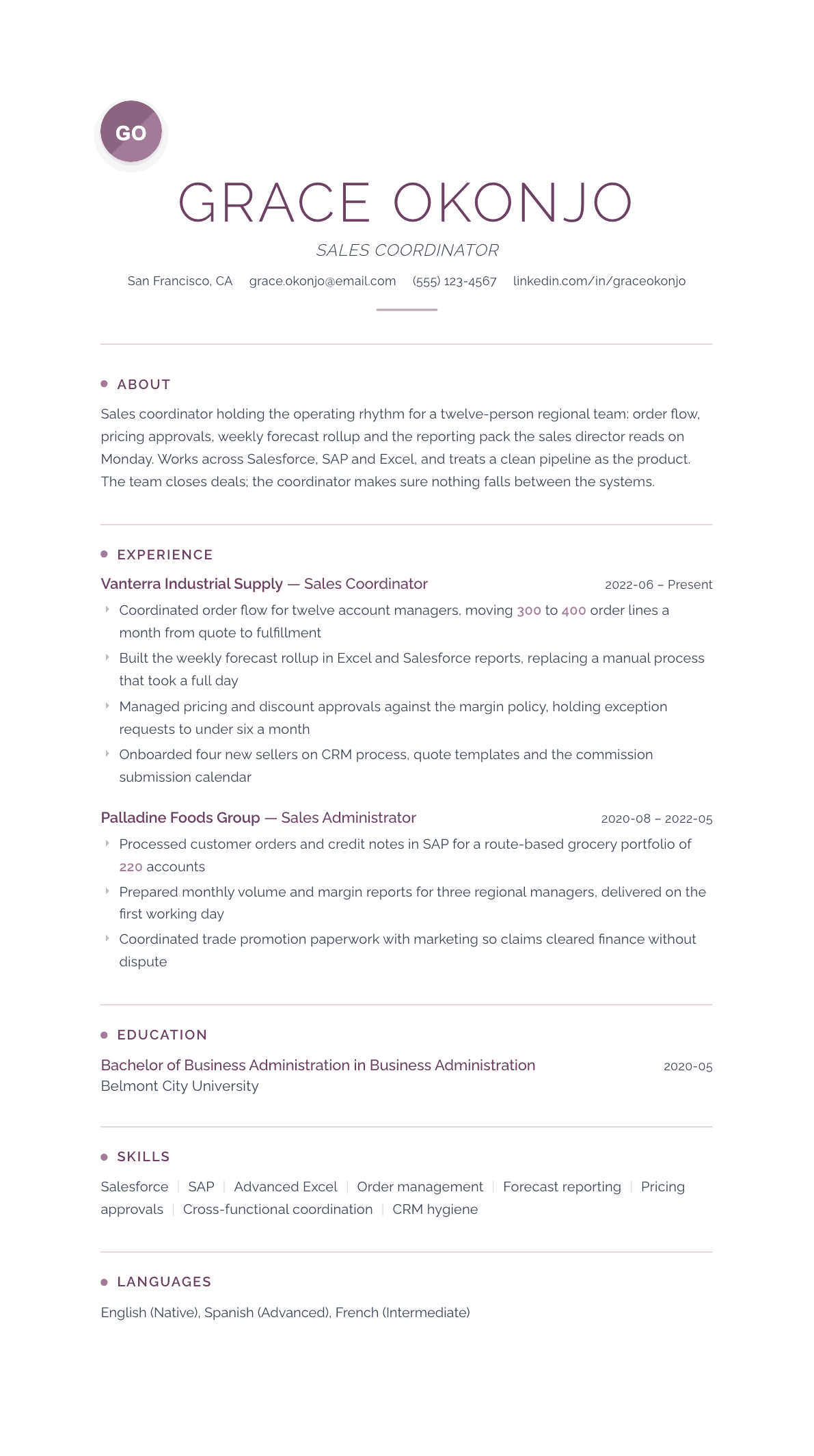 Sales Coordinator resume example, Serenity template
