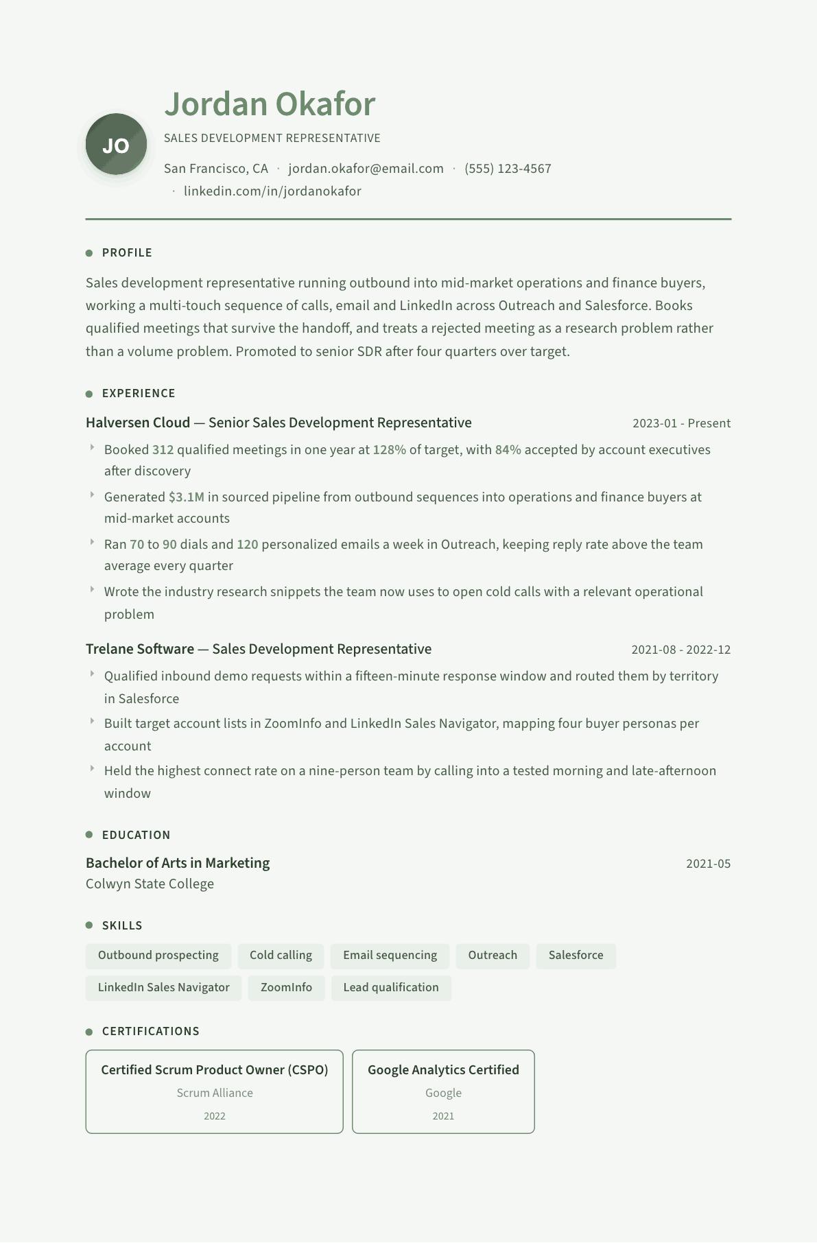 Sales Development Representative resume example, Sage Garden template