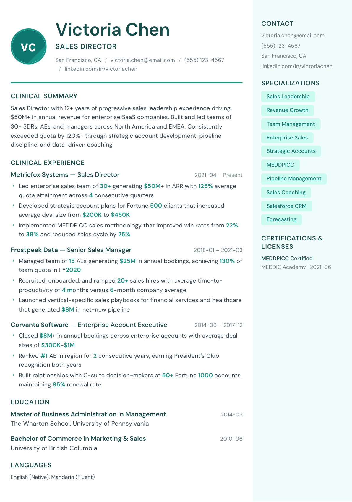 Sales Director resume example, Remedy template