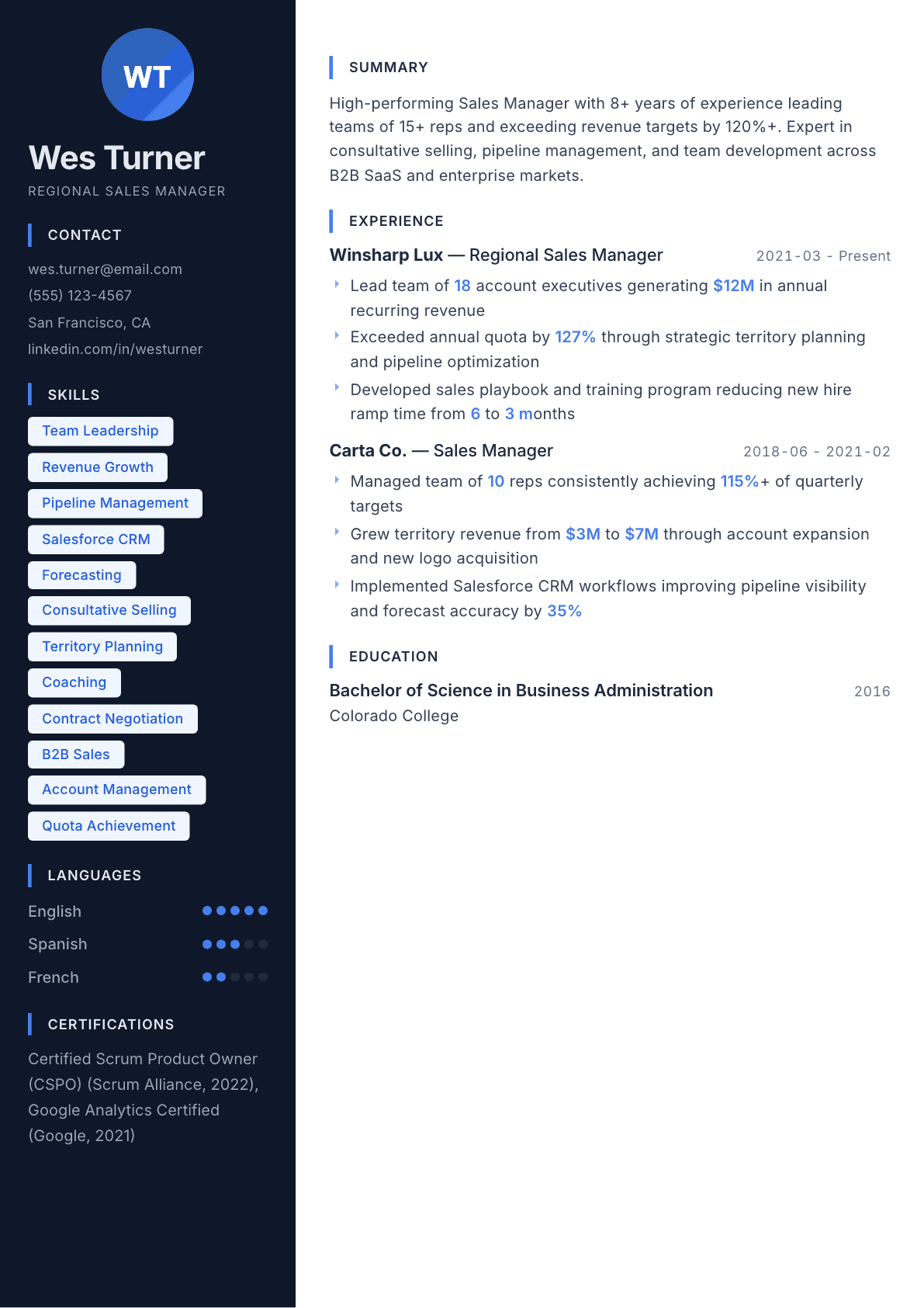 Sales Manager resume example, Midnight Sapphire template