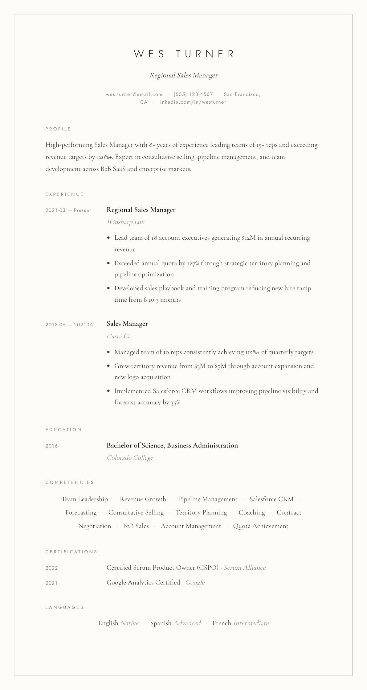 Sales Manager resume example, Vellum template