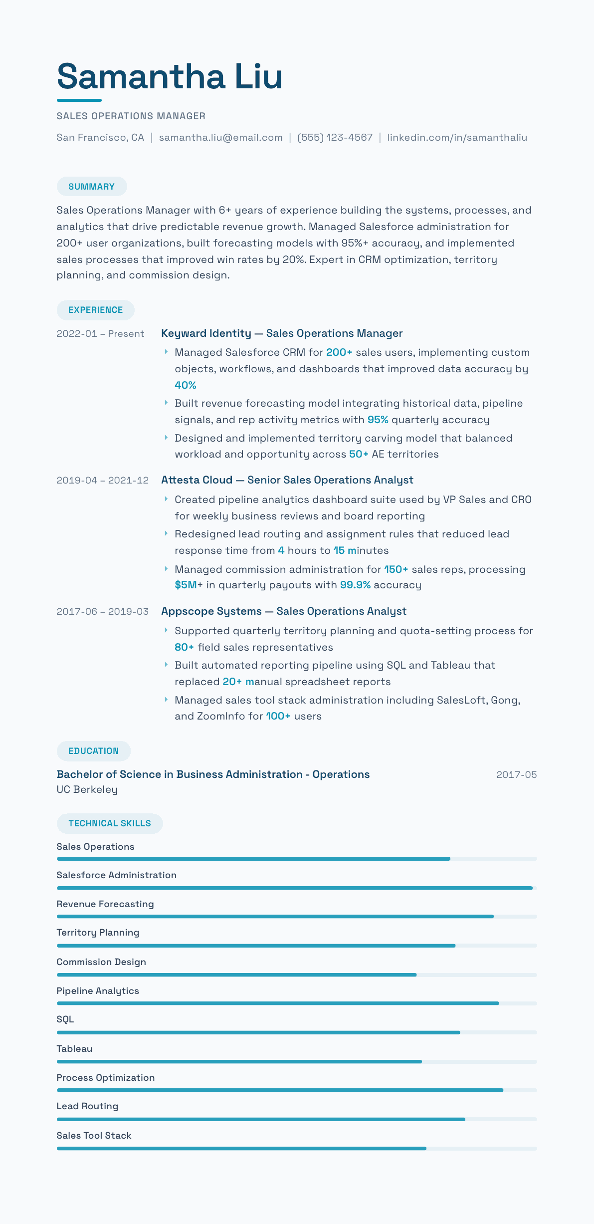 Sales Operations Manager resume example, Horizon template