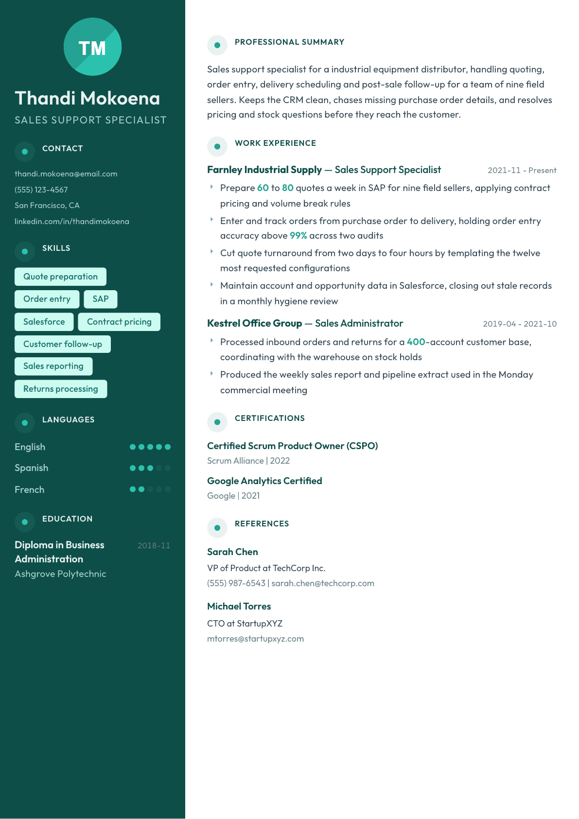 Sales Support Specialist resume example, Vienna template