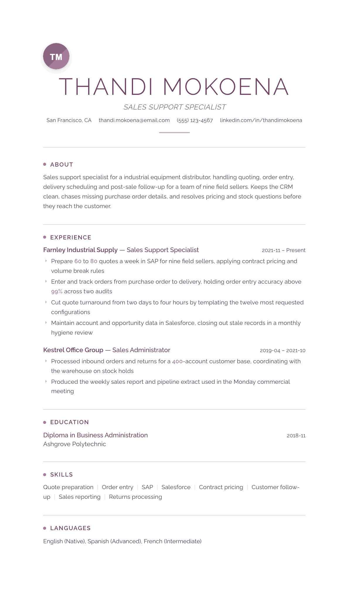 Sales Support Specialist resume example, Serenity template