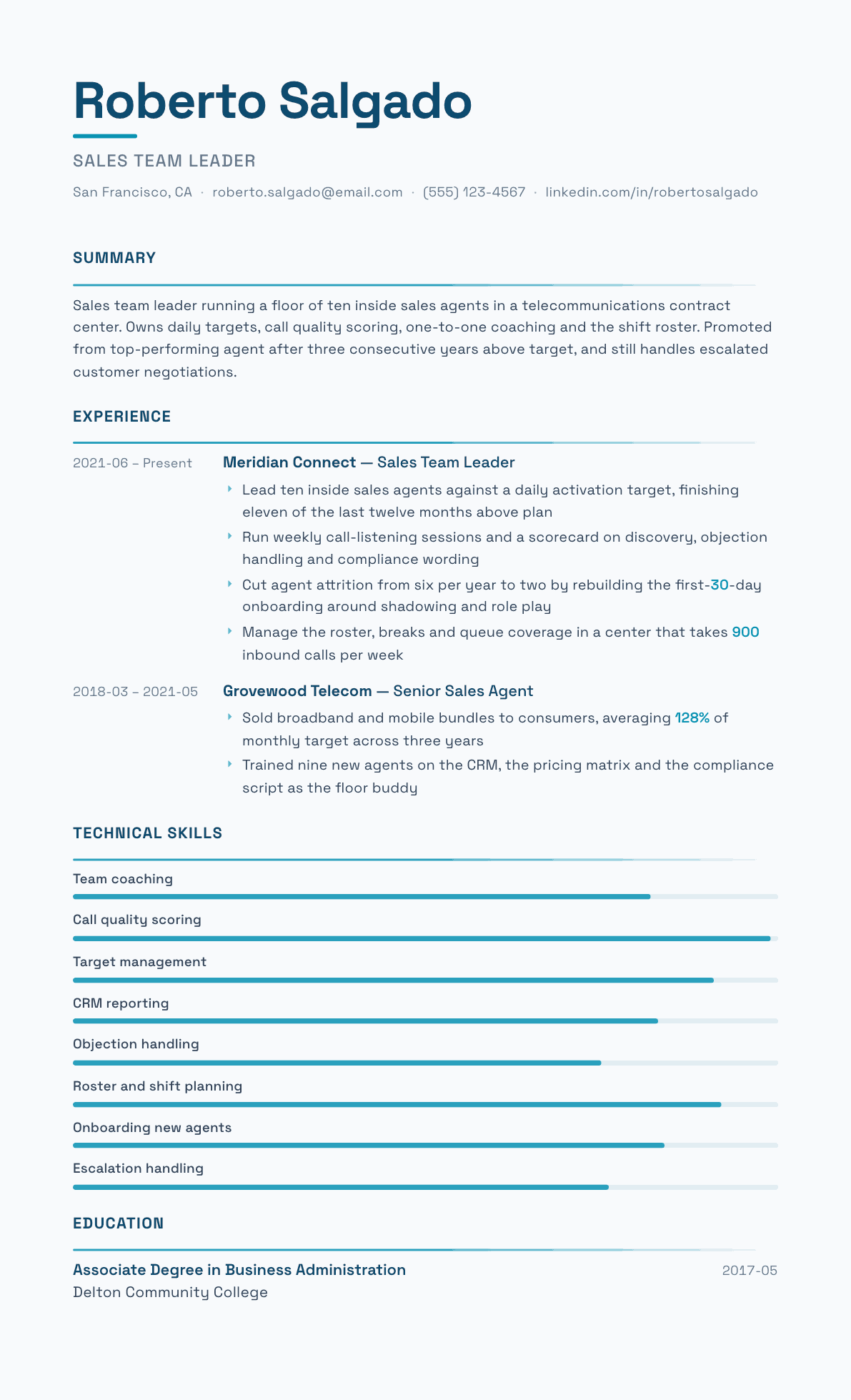 Sales Team Leader resume example, Velocity template