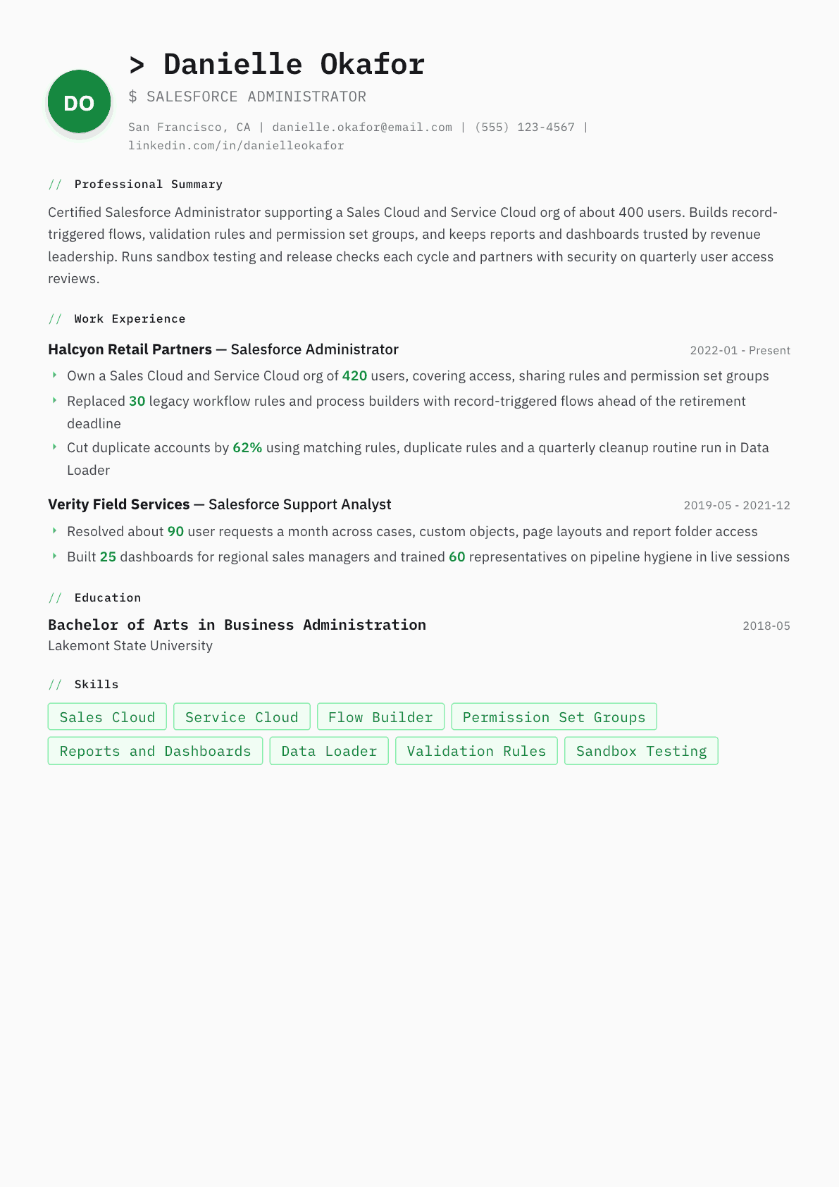 Salesforce Administrator resume example, Amsterdam template