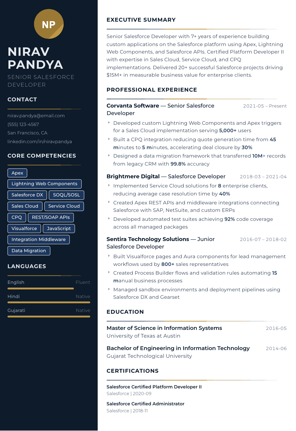 Salesforce Developer resume example, Catalyst template