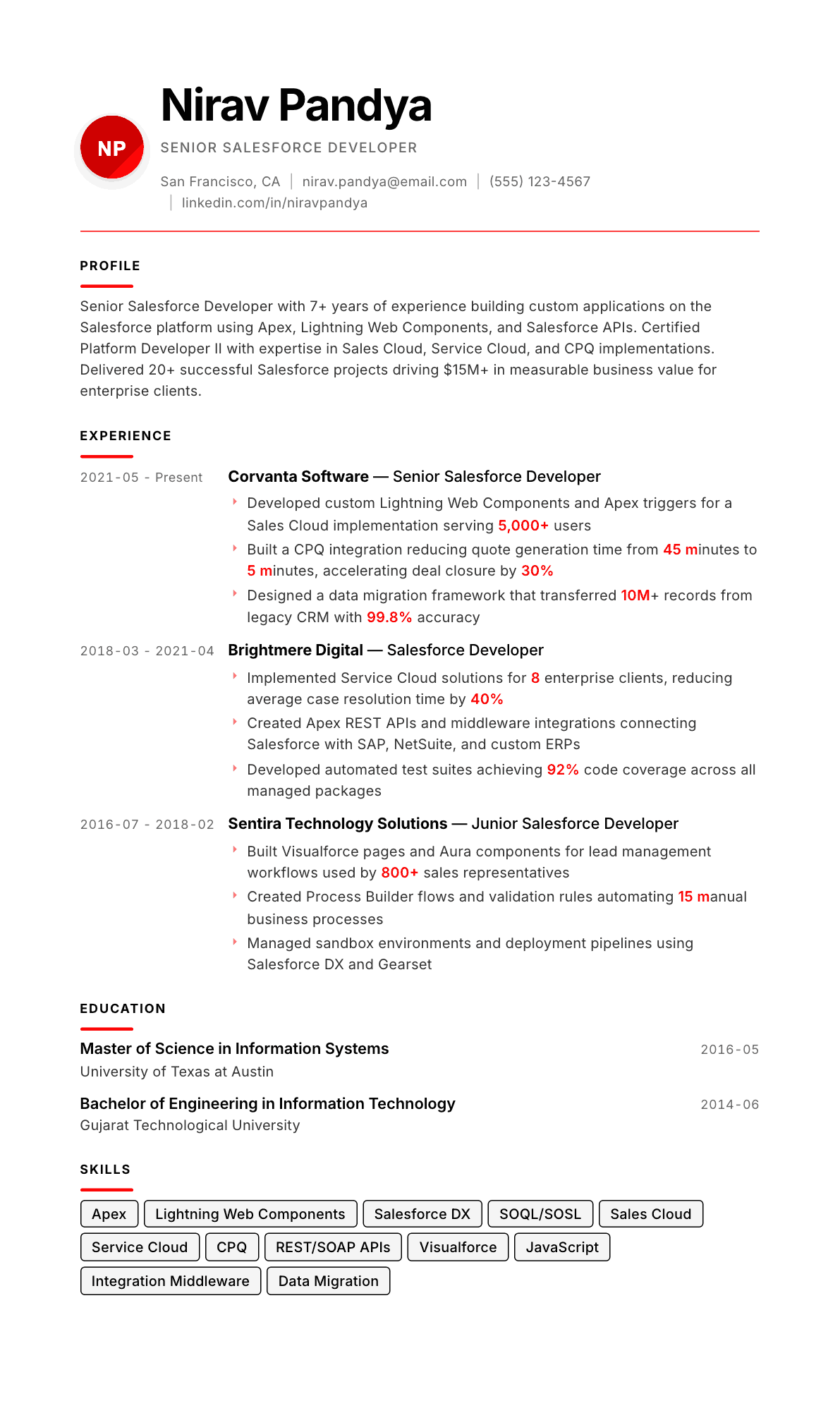 Salesforce Developer resume example, Swiss Modernist template