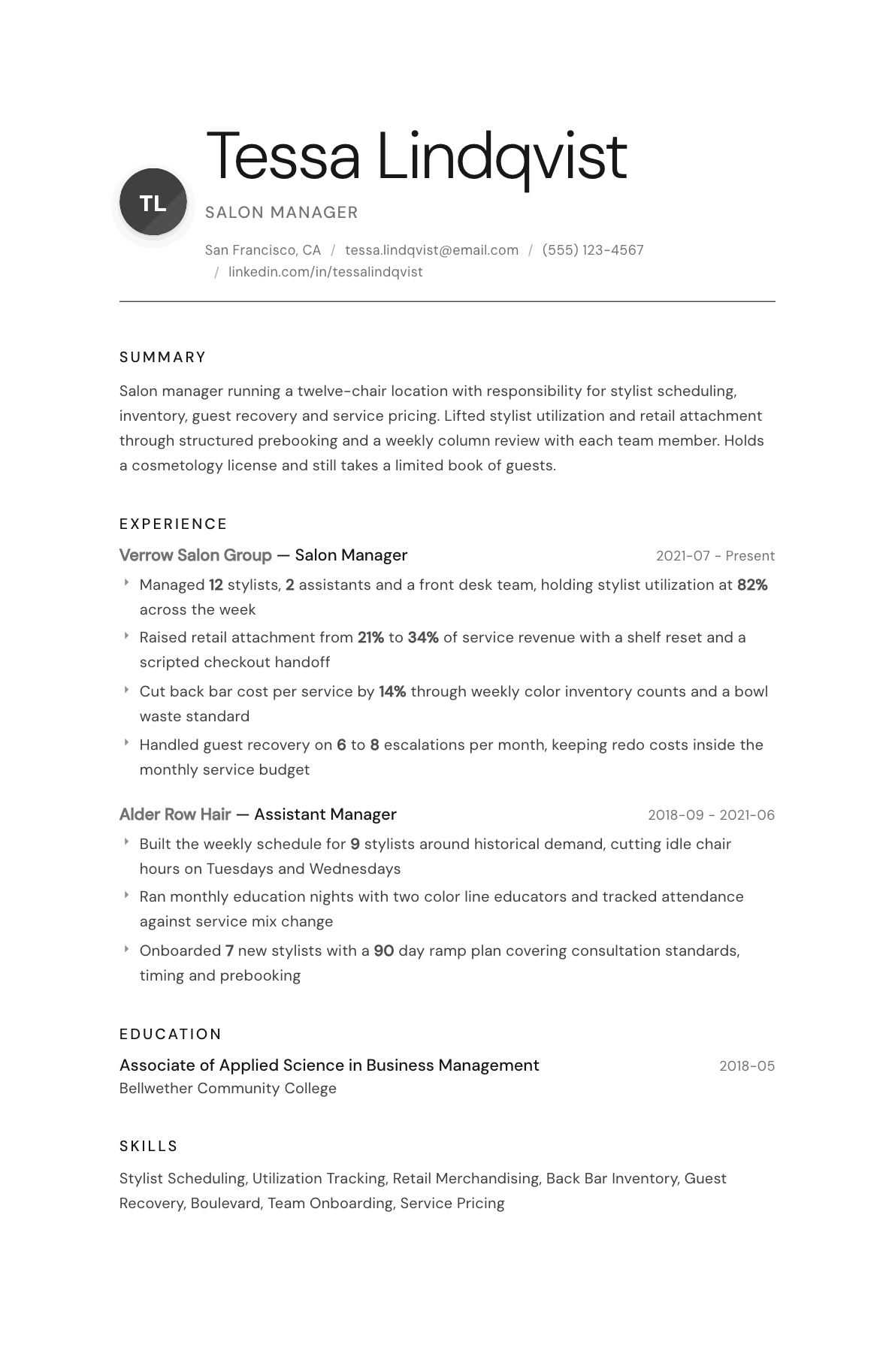 Salon Manager resume example, Whisper template