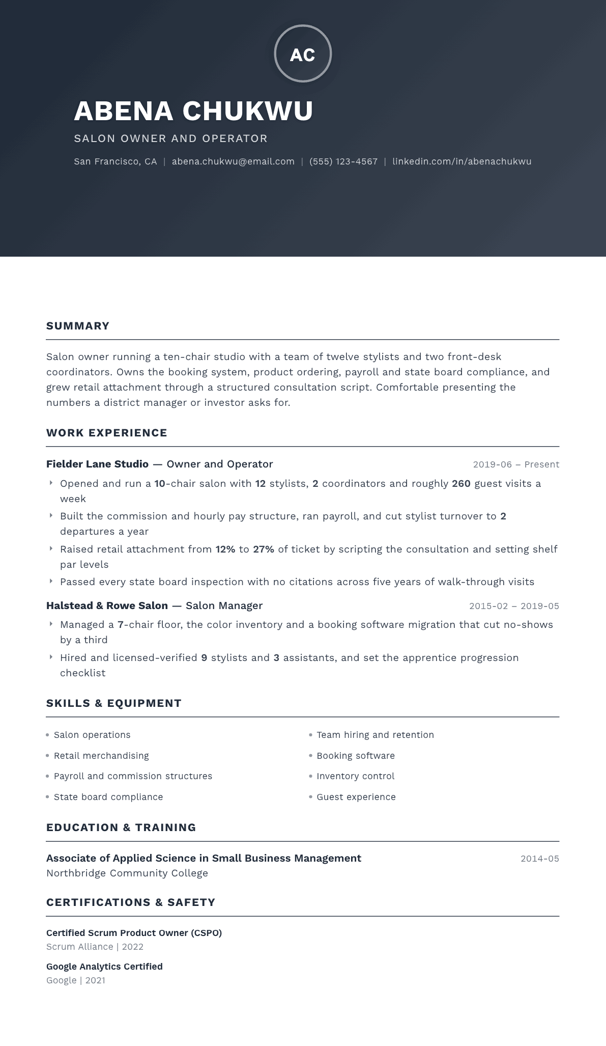 Salon Owner resume example, Foundation template