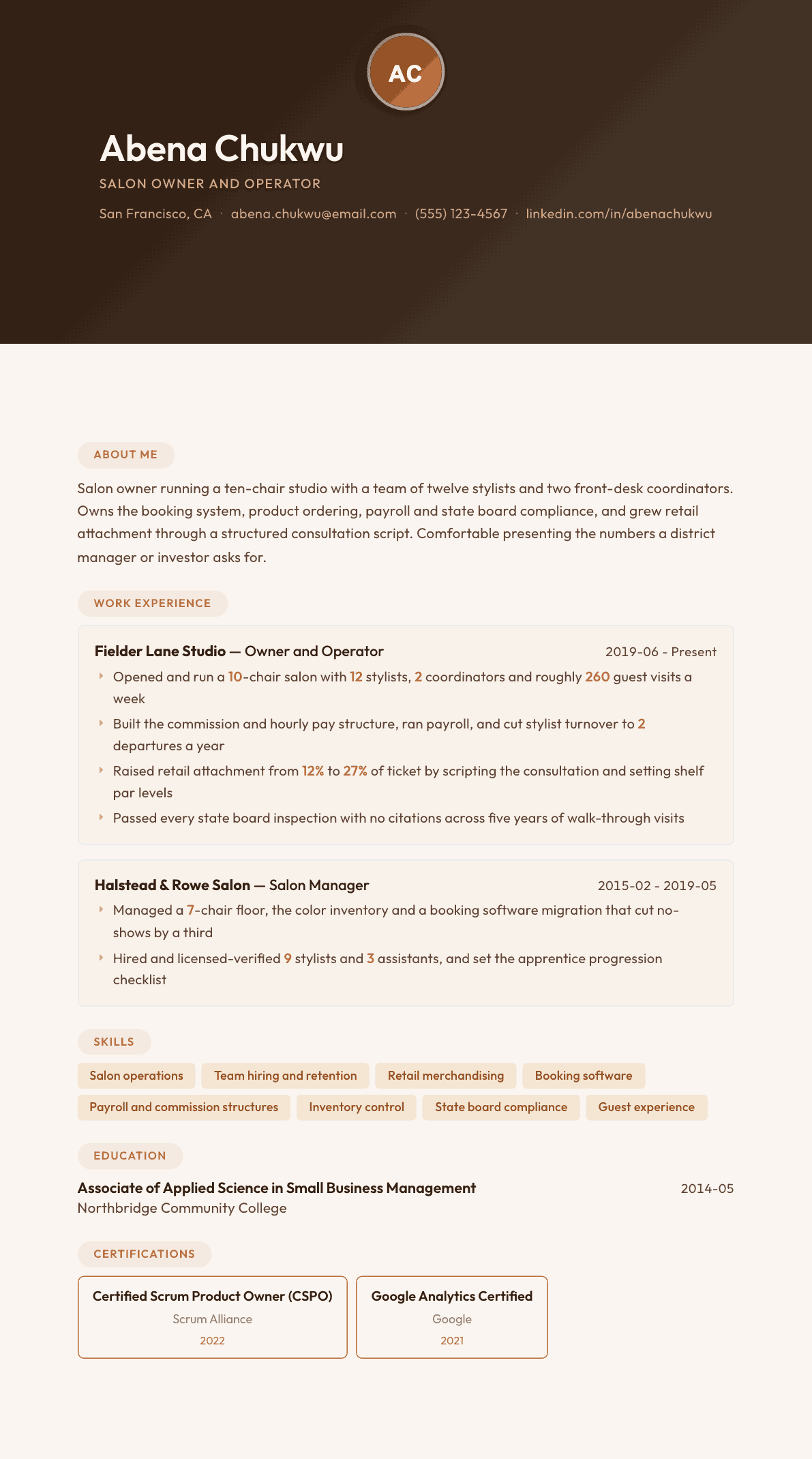 Salon Owner resume example, Terracotta Studio template