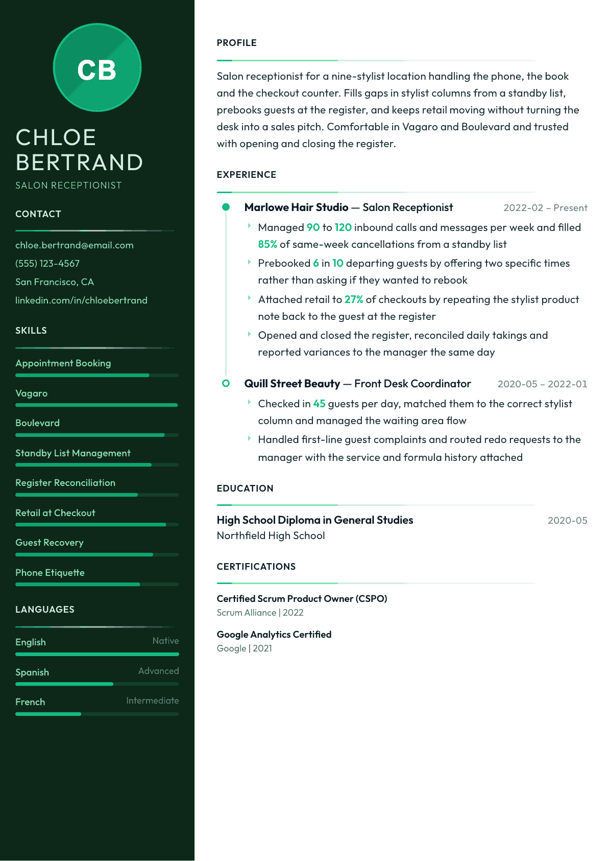 Salon Receptionist resume example, Meridian template