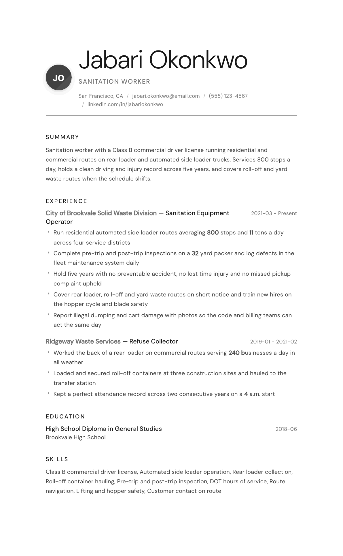 Sanitation Worker resume example, Whisper template