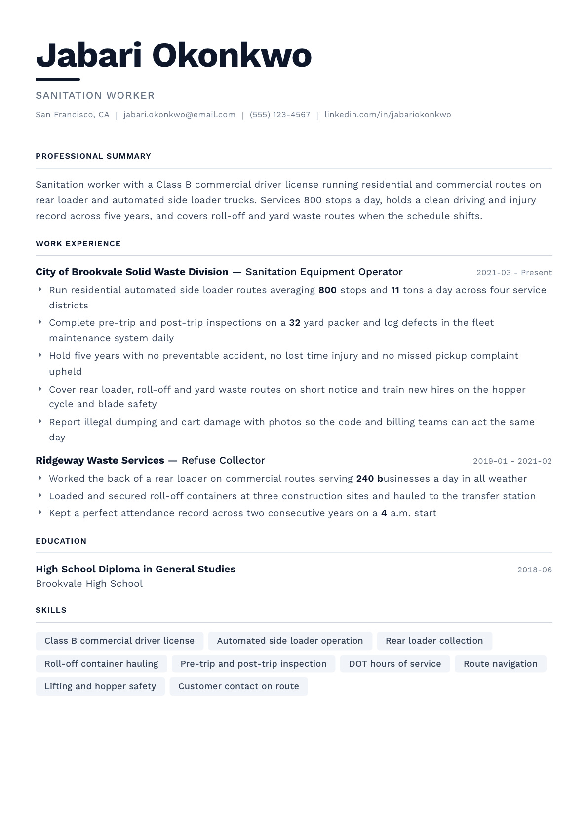 Sanitation Worker resume example, Berlin template