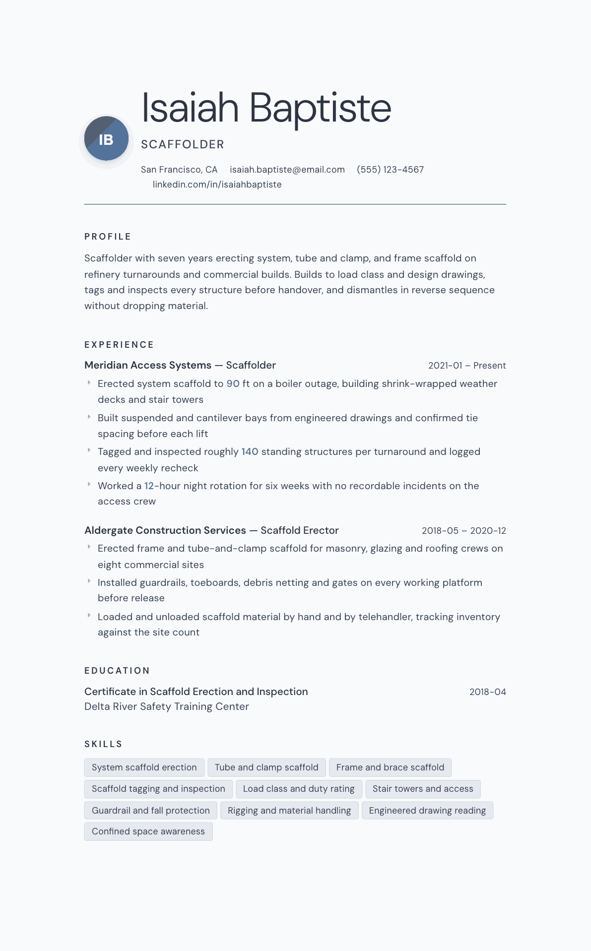 Scaffolder resume example, Nordic template