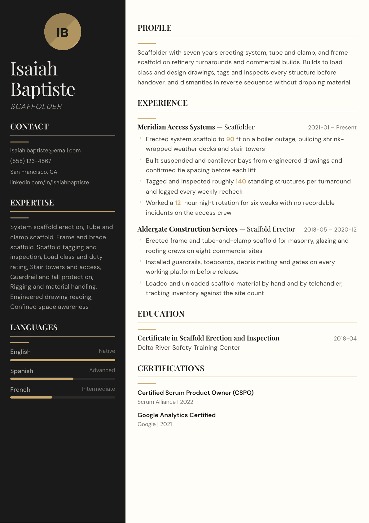 Scaffolder resume example, Obsidian template