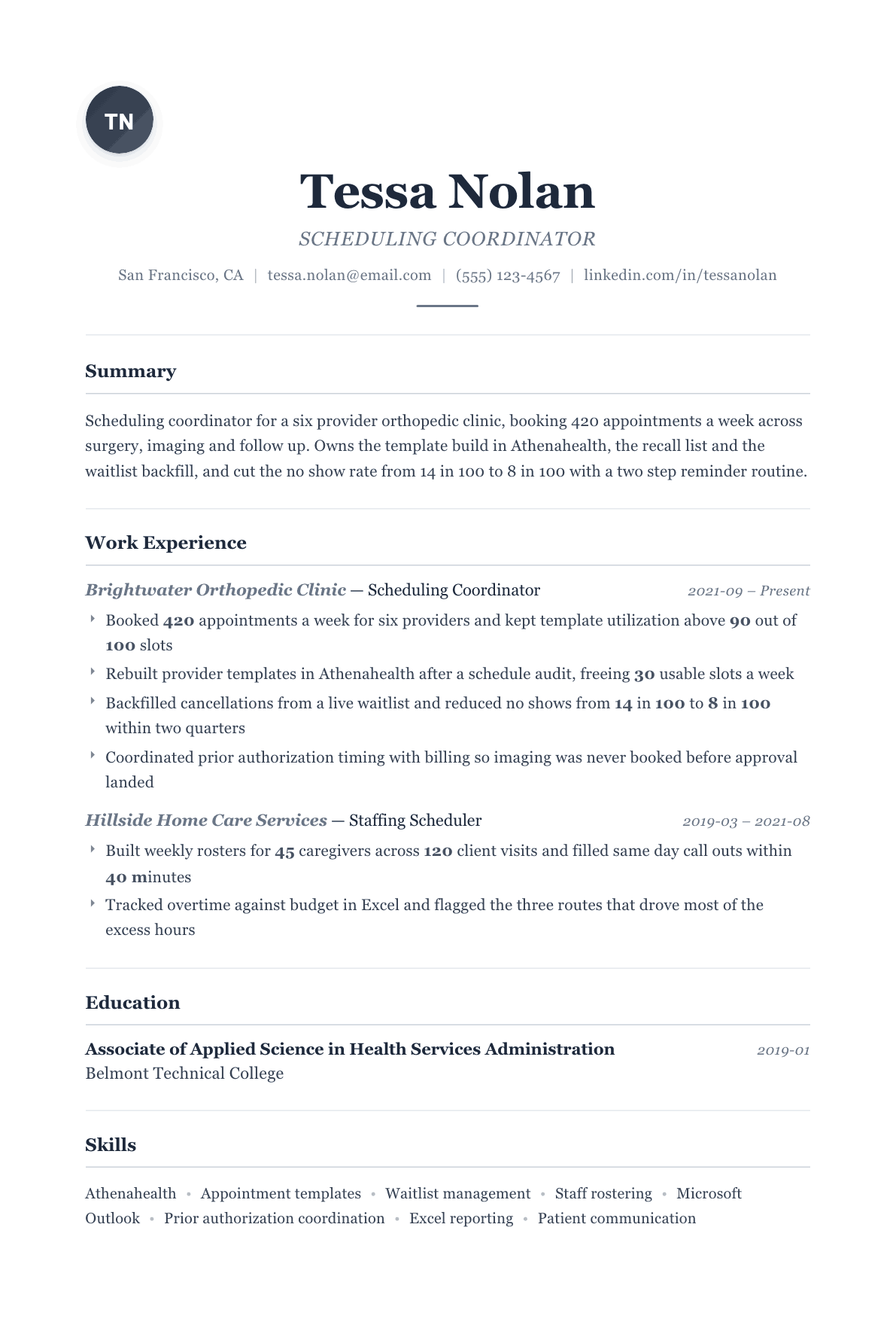 Scheduling Coordinator resume example, Classic template