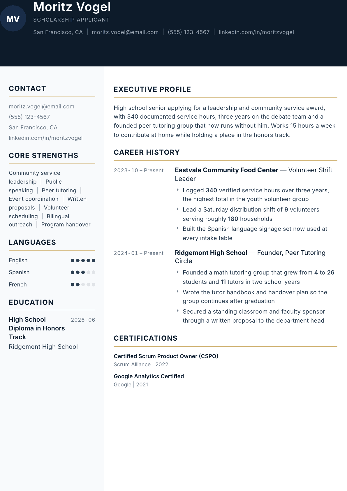 Scholarship Applicant resume example, Consulate template
