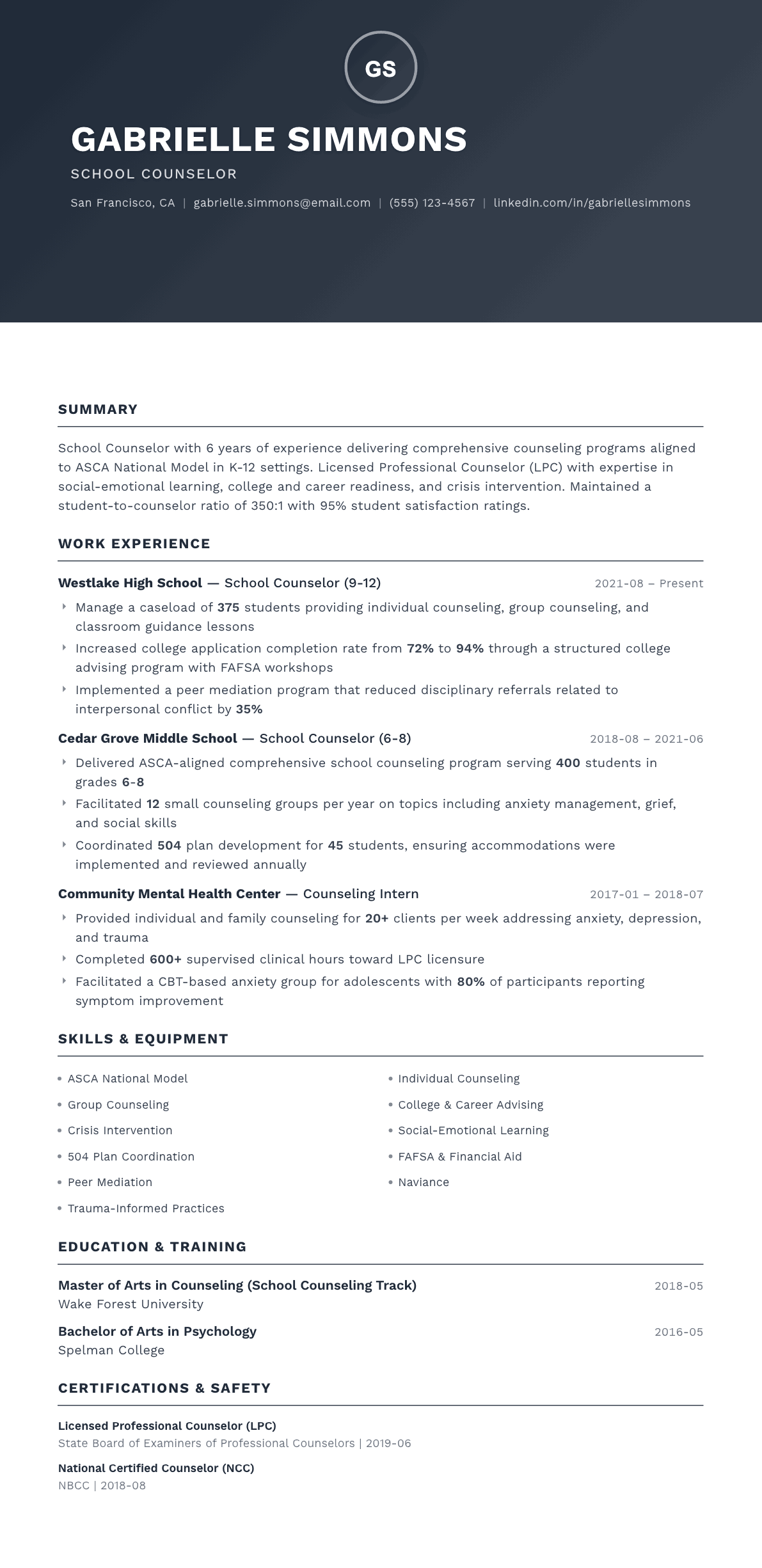 School Counselor resume example, Foundation template