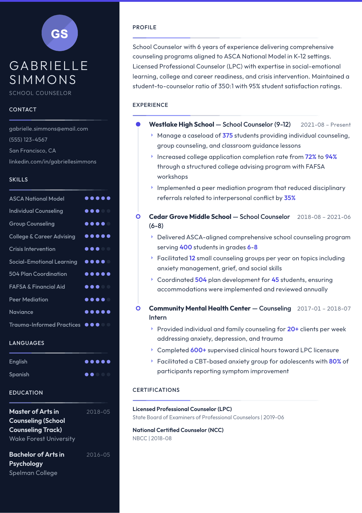 School Counselor resume example, Zenith template