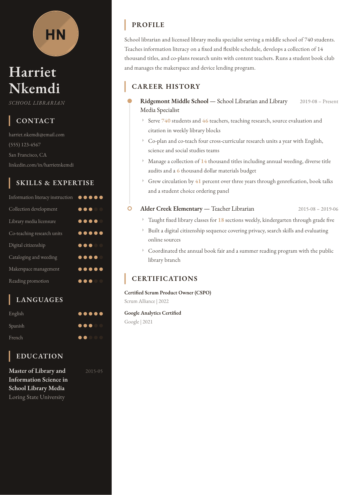 School Librarian resume example, Heritage template